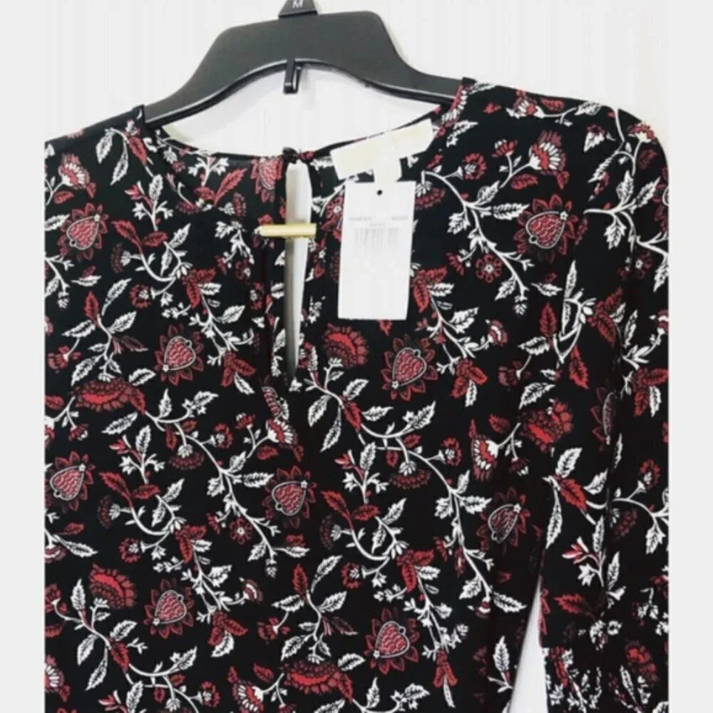 Michael Kors Womens Black Floral Long Bell Sleeve Peasant Blouse Sz M New